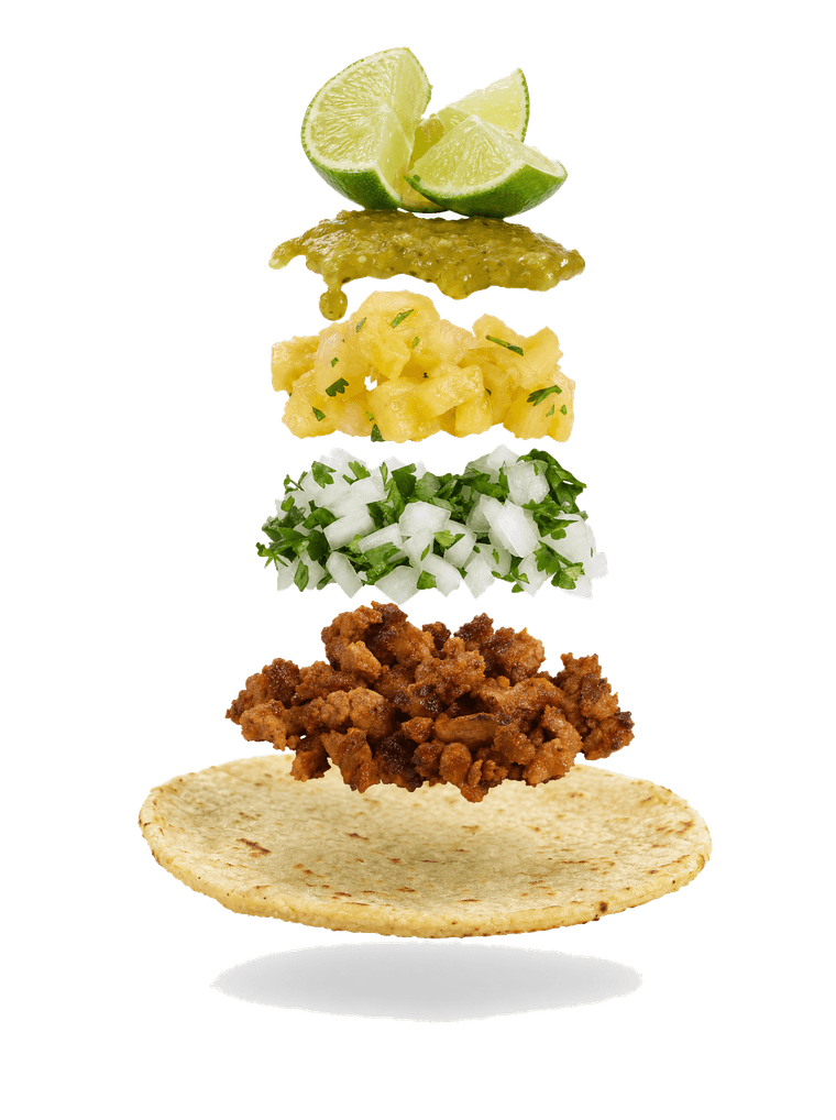 Deconstructed taco: tortilla, pastor, onion, cilantro, pineapple, salsa and lime